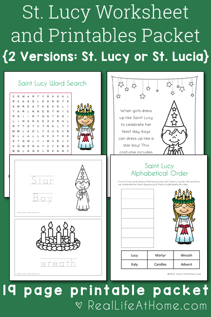 Saint Lucy Printables and Worksheet Packet (There's also a version with her name as St. Lucia)
