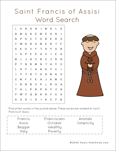 St. Francis of Assisi Word Search Printable from Real Life at Home (part of the 43 page St. Francis Printables Packet)