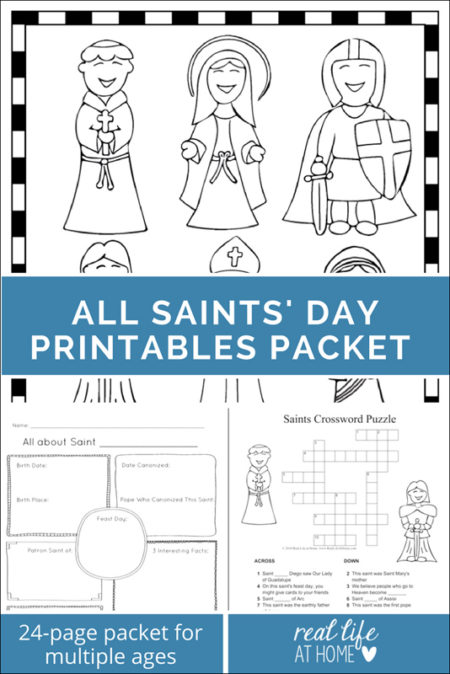 All Saints' Day Printables Packet featuring puzzles, coloring pages, a mini book, and more all about saints | Real Life at Home