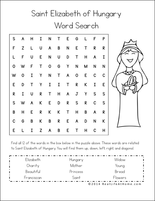 Saint Elizabeth of Hungary Word Search from printables packet