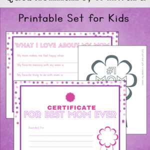 A printable set for Mother's Day featuring a Mother's Day certificate, Mother's Day interview, and a #1 Mom Badge to color for mom.