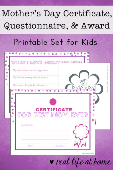 A printable set for Mother's Day featuring a Mother's Day certificate, Mother's Day interview, and a #1 Mom Badge to color for mom.