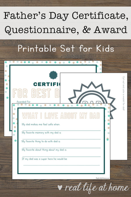 A printable set for Father's Day featuring a Father's Day certificate, Father's Day interview, and a #1 Dad Badge to color for dad.