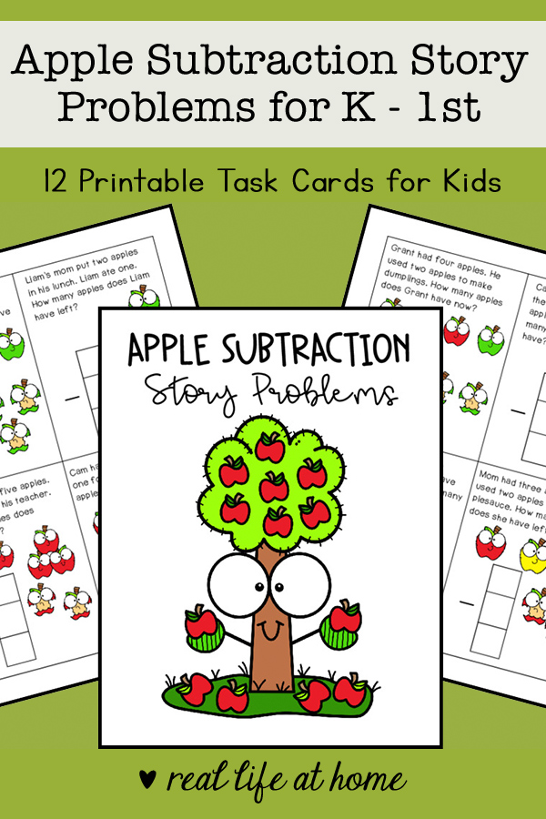 Printable math task cards for kindergarten and 1st grade students to work on basic subtraction story problems with helpful pictures.