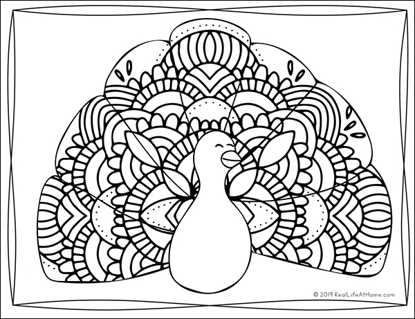 Turkey Coloring Page from the Thanksgiving Coloring Book on Real Life at Home