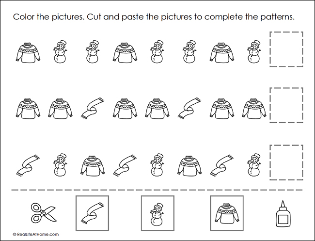 Sample page from the Winter Math Patterns Packet for Preschool - 1st Grade