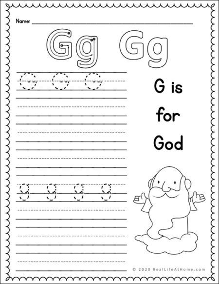 G letter tracing page from Catholic Letter of the Week