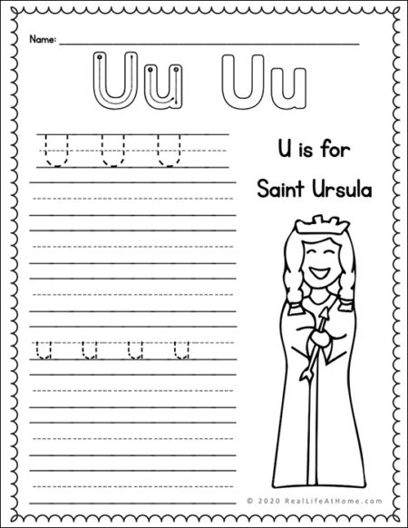 Letter U Handwriting page (Catholic)