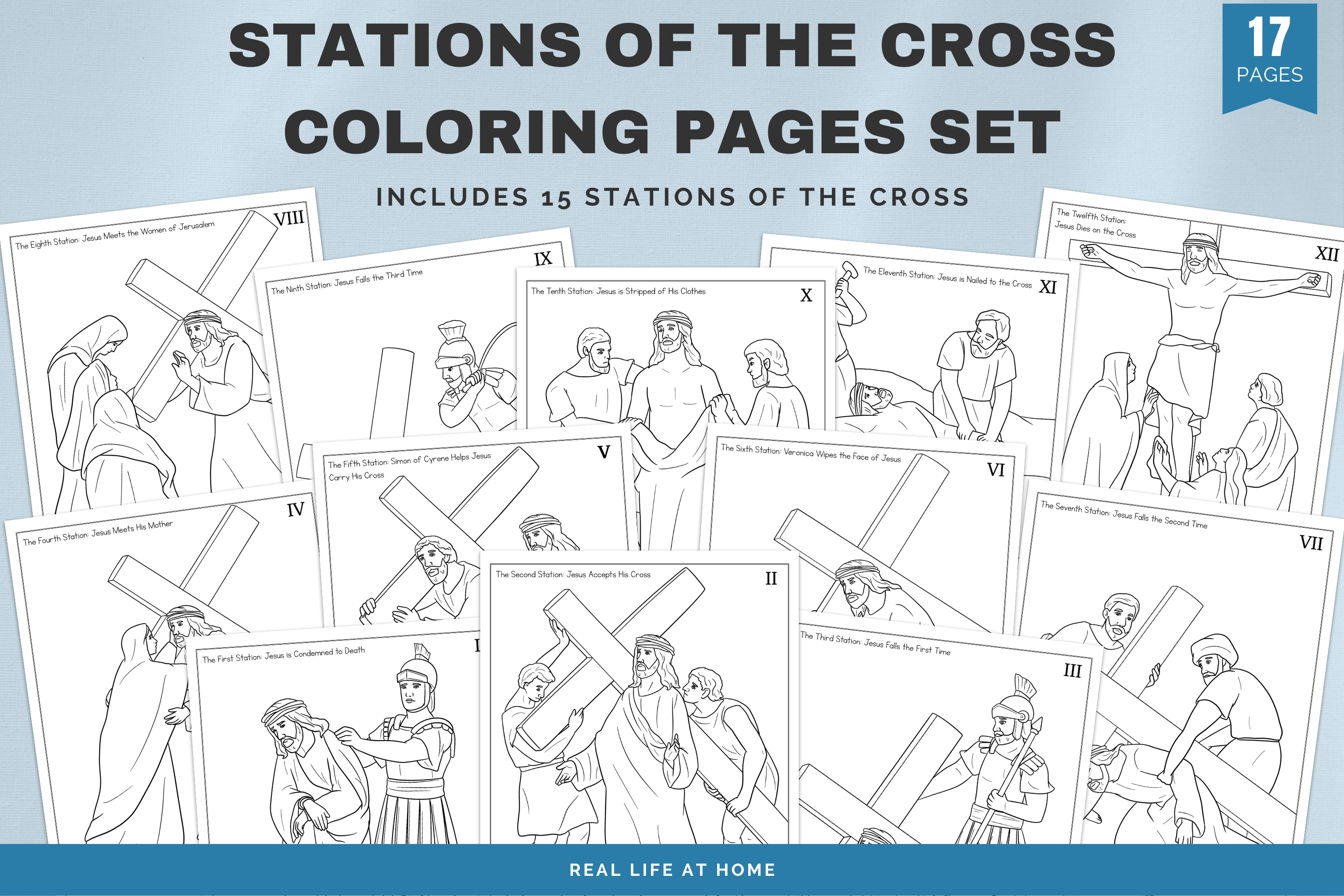 Stations of the Cross Coloring Pages on a Blue Background