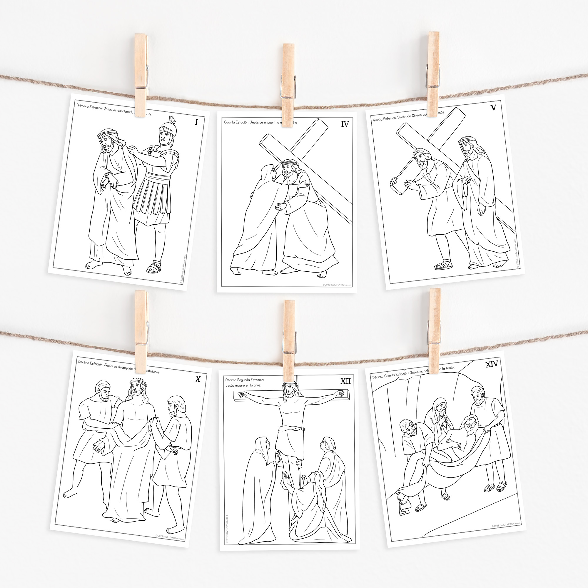 Stations of the Cross Coloring Pages in Spanish on a Clothesline