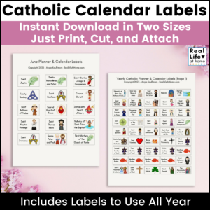 Catholic Planner Stickers and Calendar Labels on a Desktop surrounded by flowers