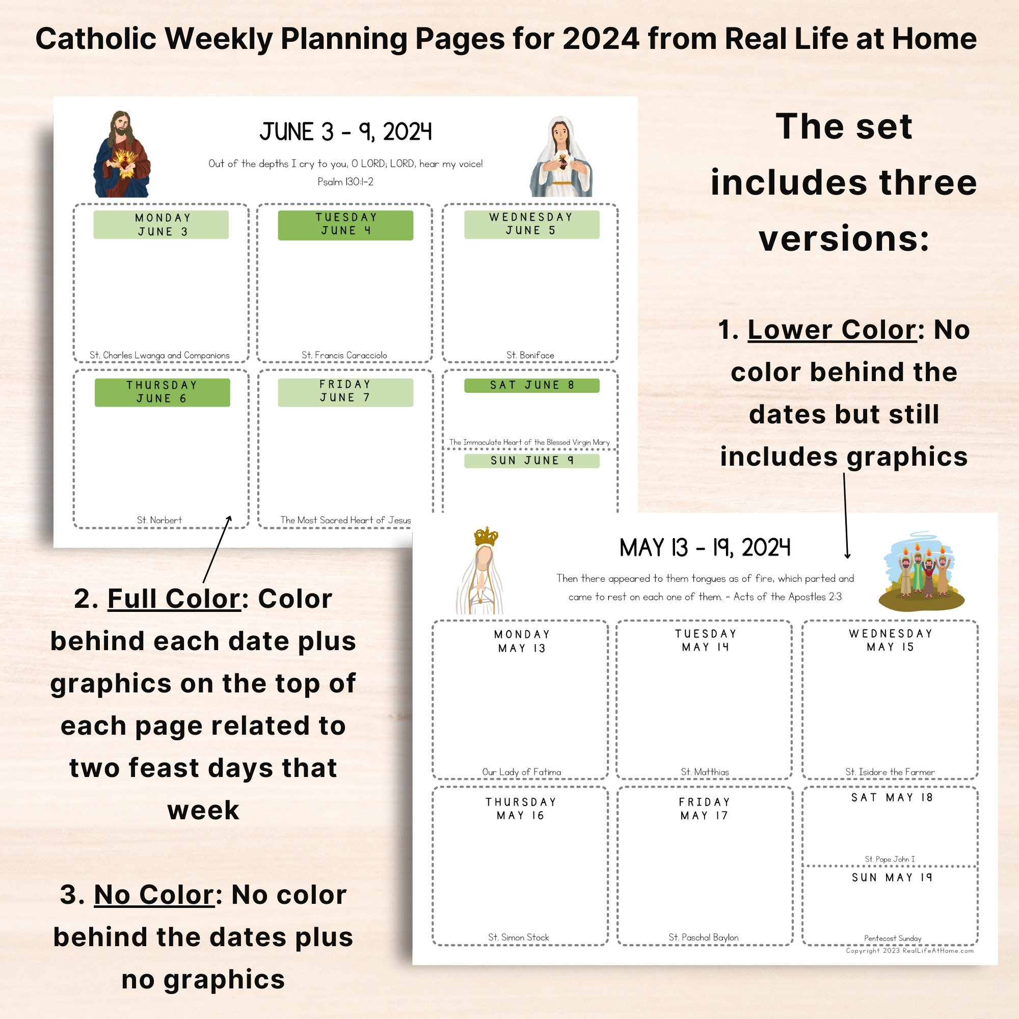 Catholic Planning Pages for 2024 - graphic shows the difference between two of the three versions that are included in the purchase